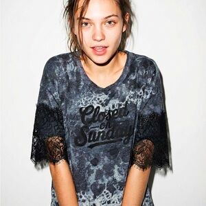 Anthropologie Pilcro “Closed on Sunday” Graphic Lace Sleeve Tee